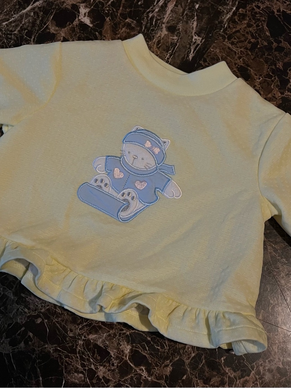 Basic Editions Yellow Ruffle-Hem Sweatshirt with Blue Bear Applique